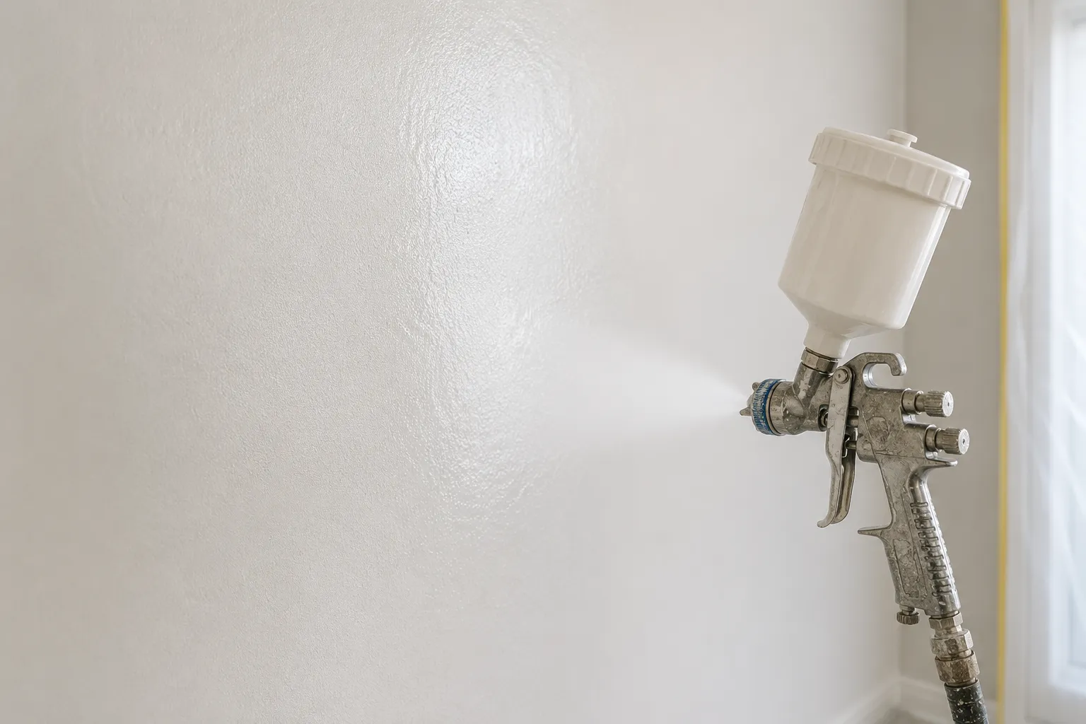 Professional spray gun applying a smooth paint finish on site